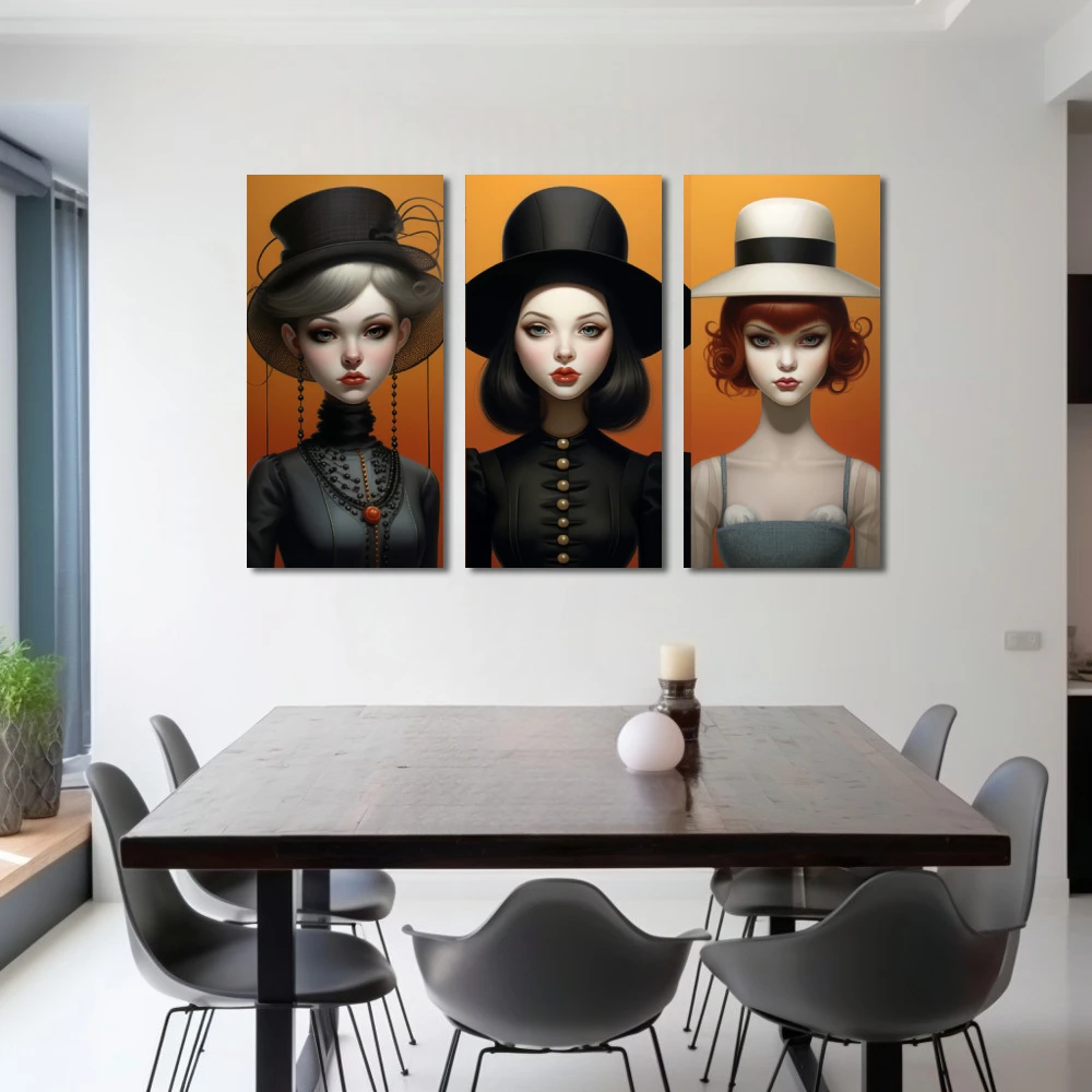 Cuadro sombreros de identidad en formato tríptico con colores gris, negro; decorando pared de salón comedor