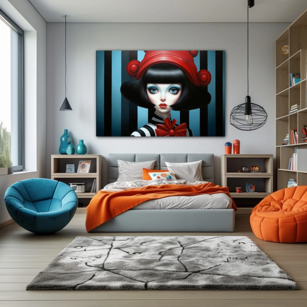 Cuadro retrato de la mística inerte en formato horizontal con colores celeste, negro, rojo; decorando pared de dormitorio juvenil