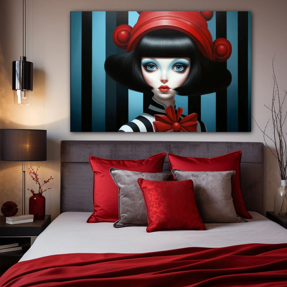 Cuadro retrato de la mística inerte en formato horizontal con colores celeste, negro, rojo; decorando pared de habitación dormitorio