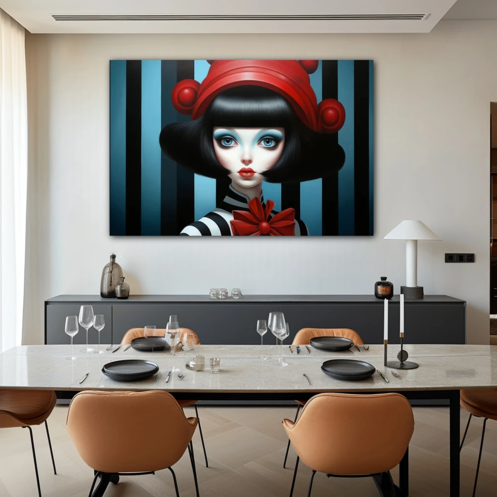 Cuadro retrato de la mística inerte en formato horizontal con colores celeste, negro, rojo; decorando pared de salón comedor