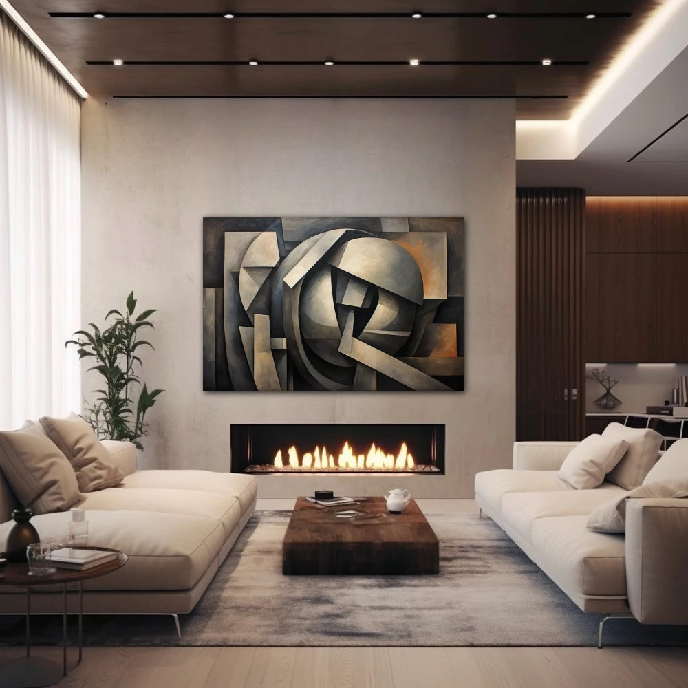 Wall Art titled: Structure of Reality in a Horizontal format with: Grey, and Monochromatic Colors; Decoration the Fireplace wall