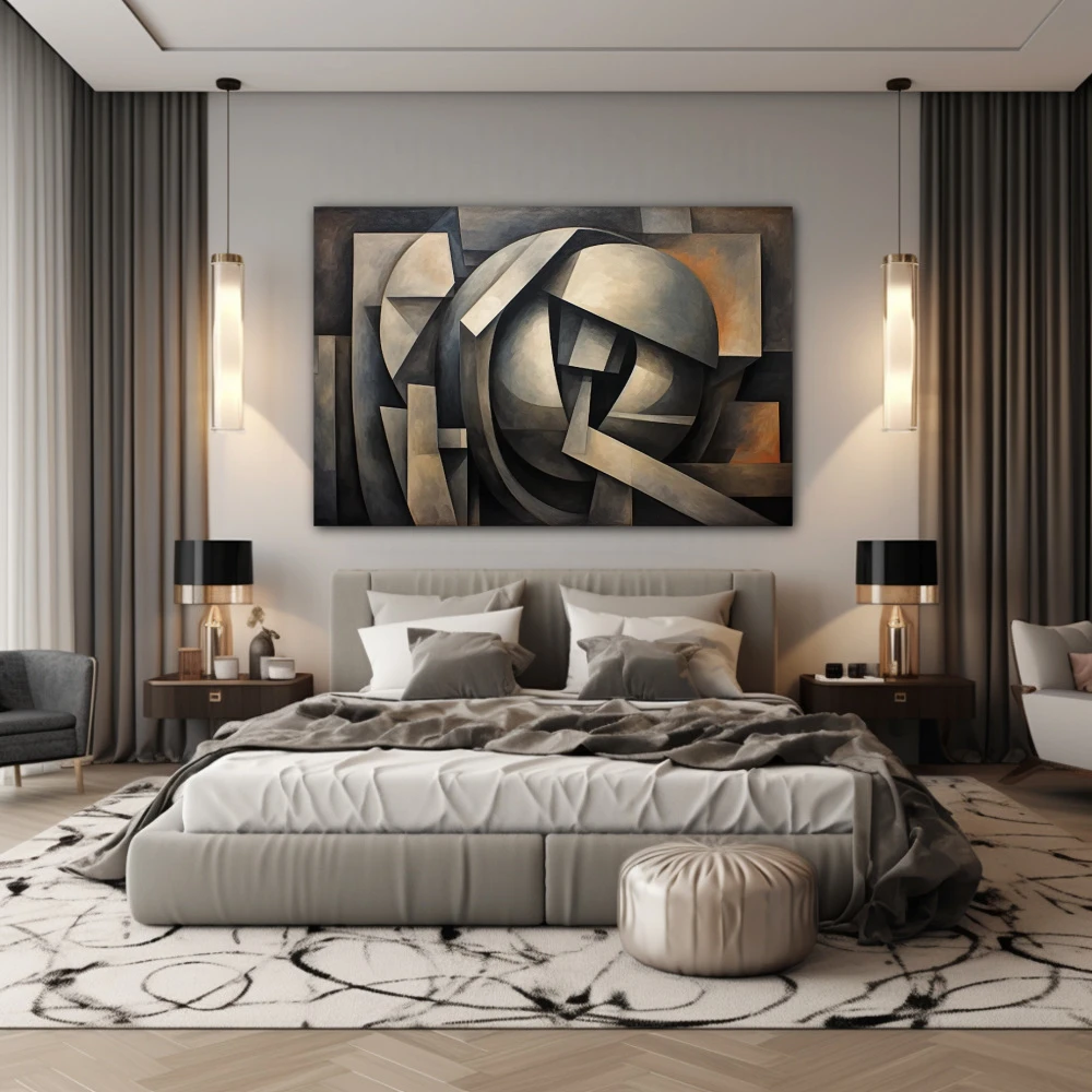 Cuadro estructura de la realidad en formato horizontal con colores gris, monocromático; decorando pared de habitación dormitorio