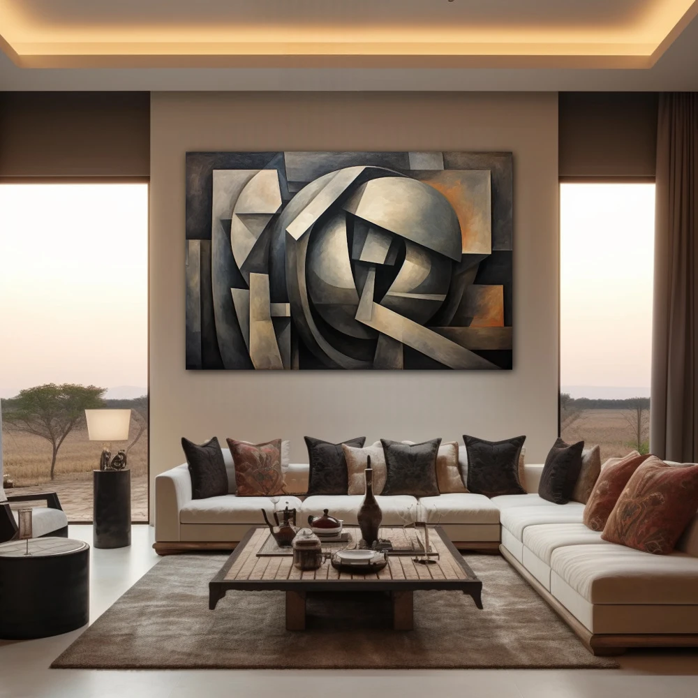 Cuadro estructura de la realidad en formato horizontal con colores gris, monocromático; decorando pared de salón comedor