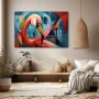 Wall Art titled: Flamingo Mirage in a Horizontal format with: Blue, Red, and Pink Colors; Decoration the Beige Wall wall