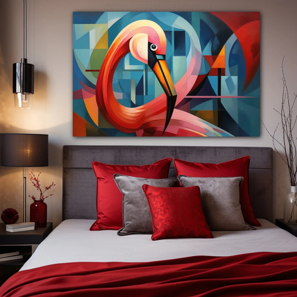 Cuadro espejismo de flamingo en formato horizontal con colores azul, rojo, rosa; decorando pared de habitación dormitorio