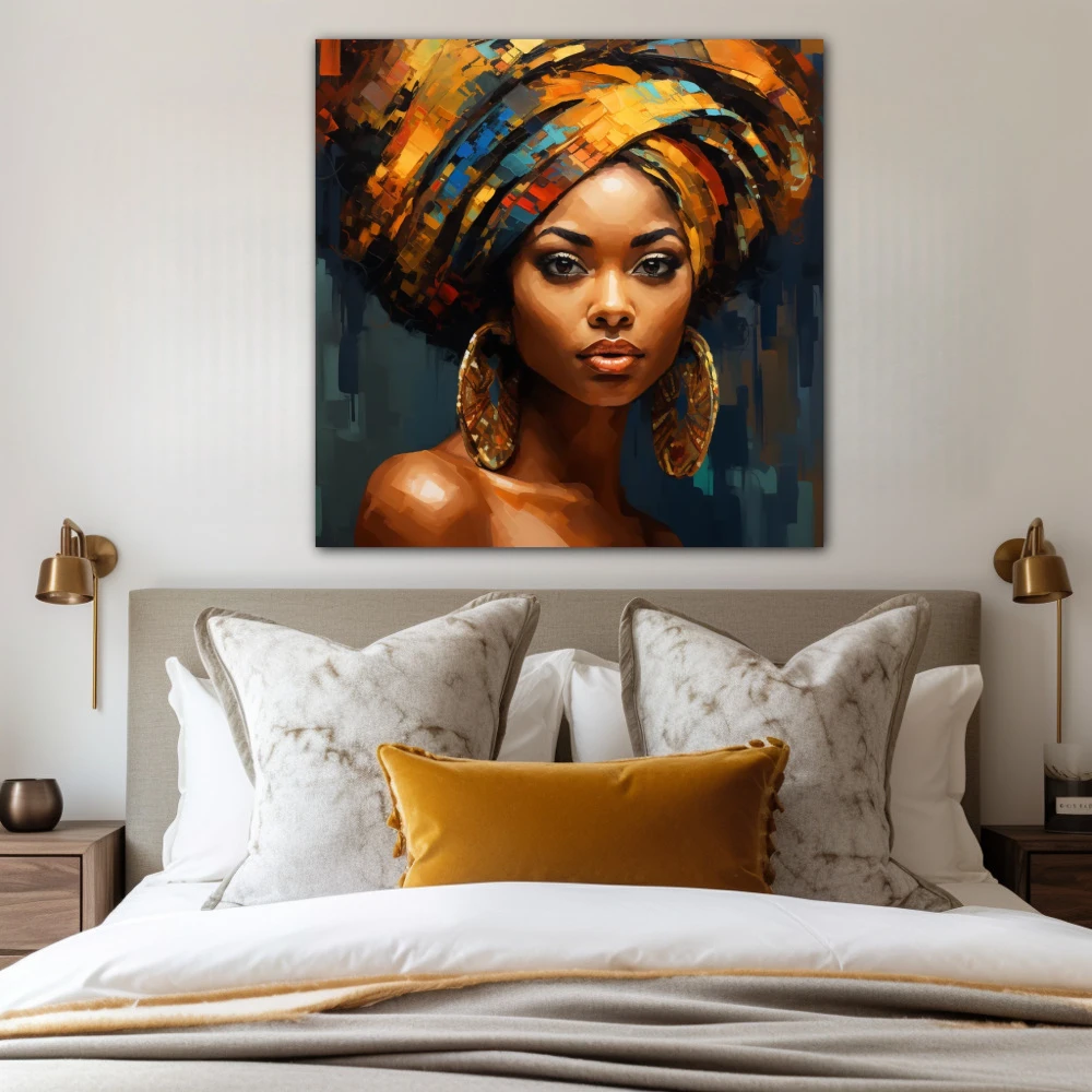 Wall Art titled: Sahara Gaze in a Square format with: Blue, Brown, and Mustard Colors; Decoration the Bedroom wall