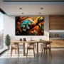 Wall Art titled: Chromatic Metamorphosis in a Horizontal format with: Sky blue, Brown, and Orange Colors; Decoration the Kitchen wall