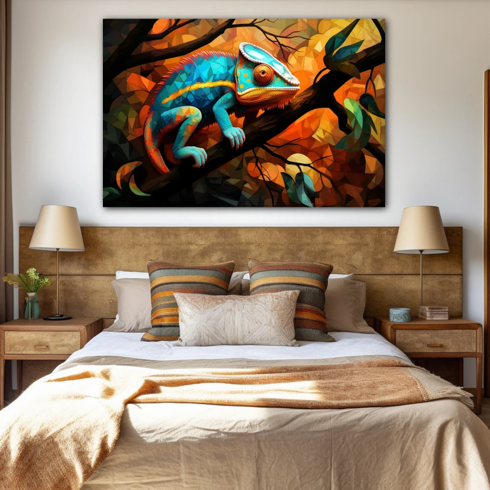 Cuadro metamorfosis cromática en formato horizontal con colores celeste, marrón, naranja; decorando pared de habitación dormitorio