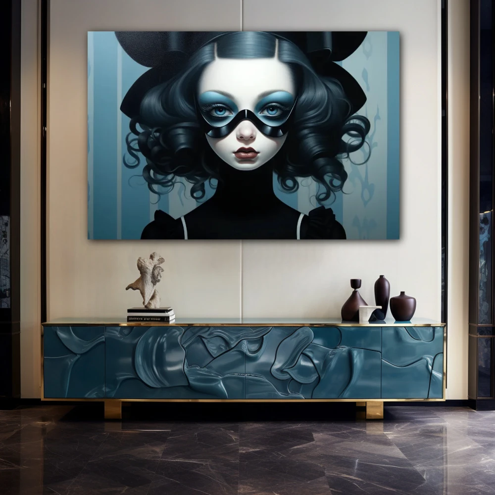 Wall Art titled: Celeste masked in a Horizontal format with: Sky blue, Black, and Monochromatic Colors; Decoration the Sideboard wall