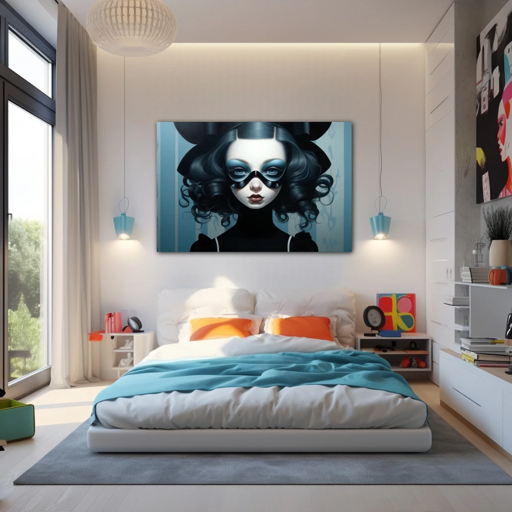 Cuadro celeste enmascarada en formato horizontal con colores celeste, negro, monocromático; decorando pared de dormitorio juvenil