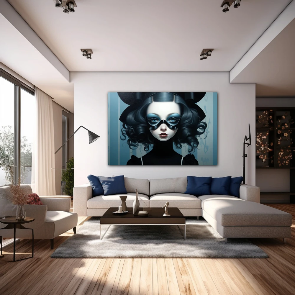 Cuadro celeste enmascarada en formato horizontal con colores celeste, negro, monocromático; decorando pared de encima del sofá