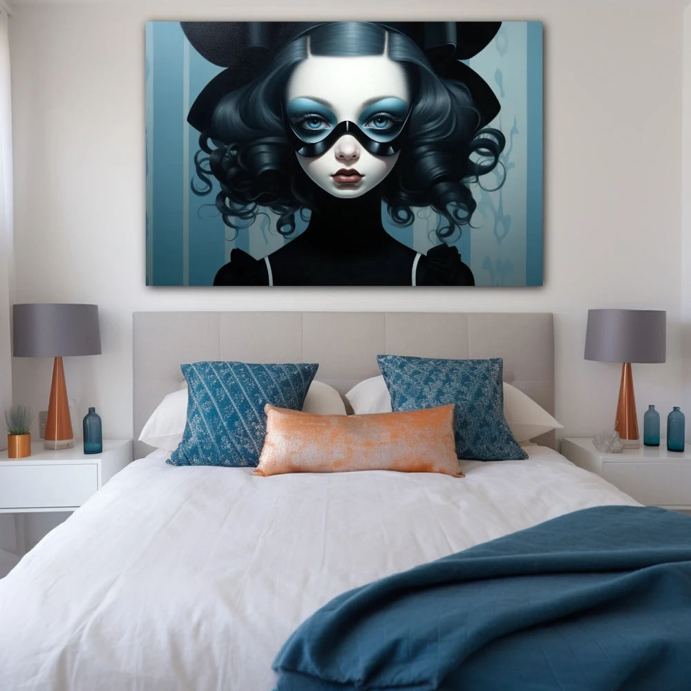 Cuadro celeste enmascarada en formato horizontal con colores celeste, negro, monocromático; decorando pared de habitación dormitorio