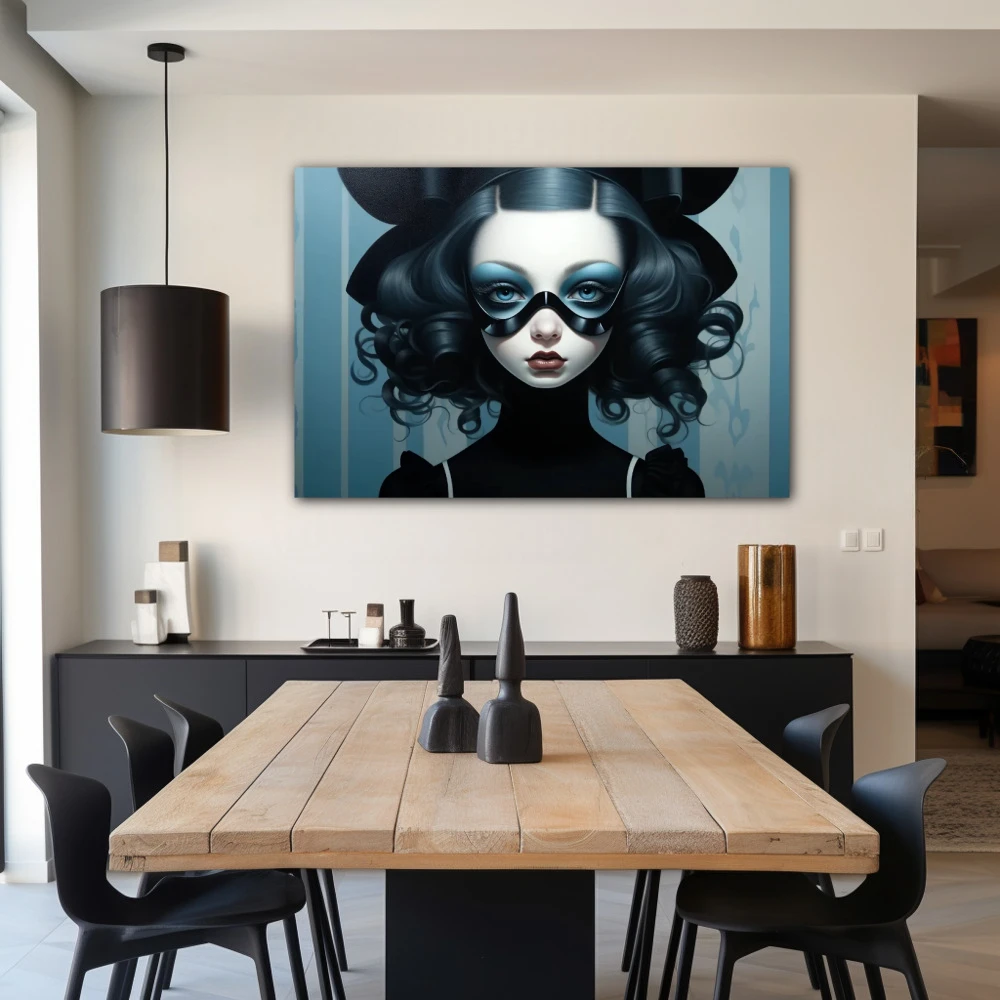 Cuadro celeste enmascarada en formato horizontal con colores celeste, negro, monocromático; decorando pared de salón comedor