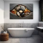 Wall Art titled: Echoes of the Earthly Cradle in a Horizontal format with: Grey, and Orange Colors; Decoration the Bathroom wall
