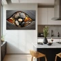 Wall Art titled: Echoes of the Earthly Cradle in a Horizontal format with: Grey, and Orange Colors; Decoration the Kitchen wall