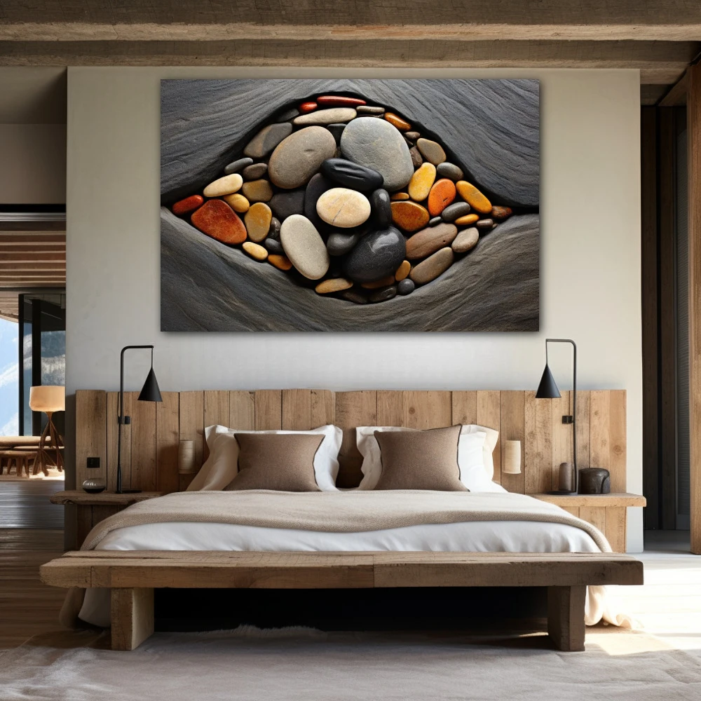 Wall Art titled: Echoes of the Earthly Cradle in a Horizontal format with: Grey, and Orange Colors; Decoration the Bedroom wall
