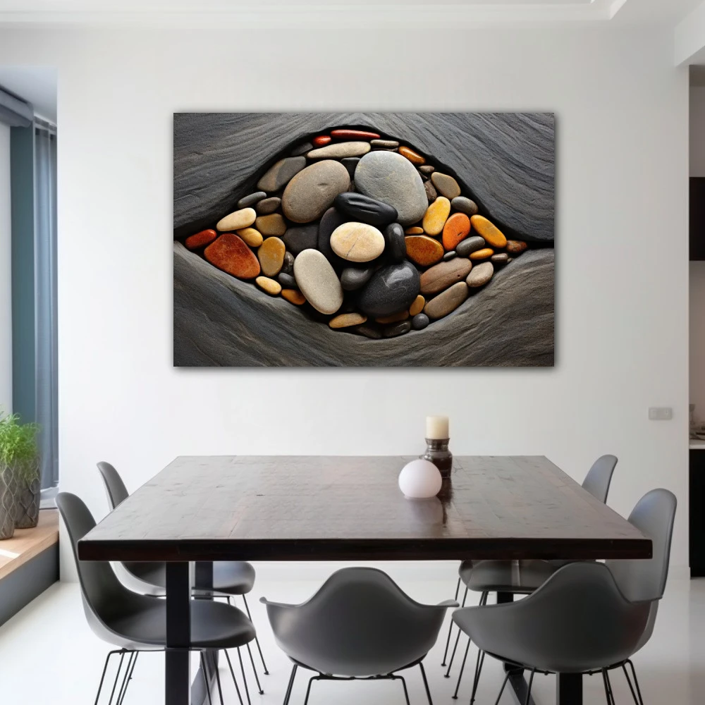 Wall Art titled: Echoes of the Earthly Cradle in a Horizontal format with: Grey, and Orange Colors; Decoration the Living Room wall