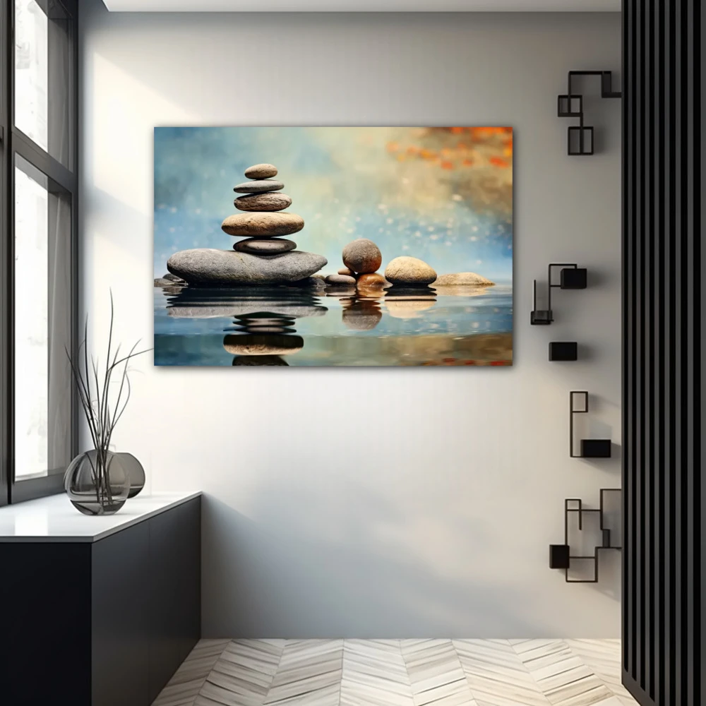 Cuadro equilibrio de paciencia en formato horizontal con colores azul, gris, marrón; decorando pared gris
