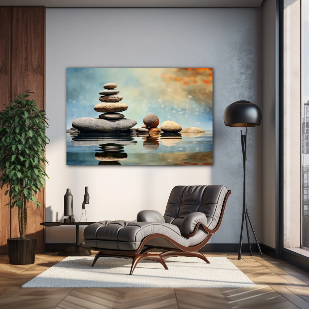 Cuadro equilibrio de paciencia en formato horizontal con colores azul, gris, marrón; decorando pared de salón comedor