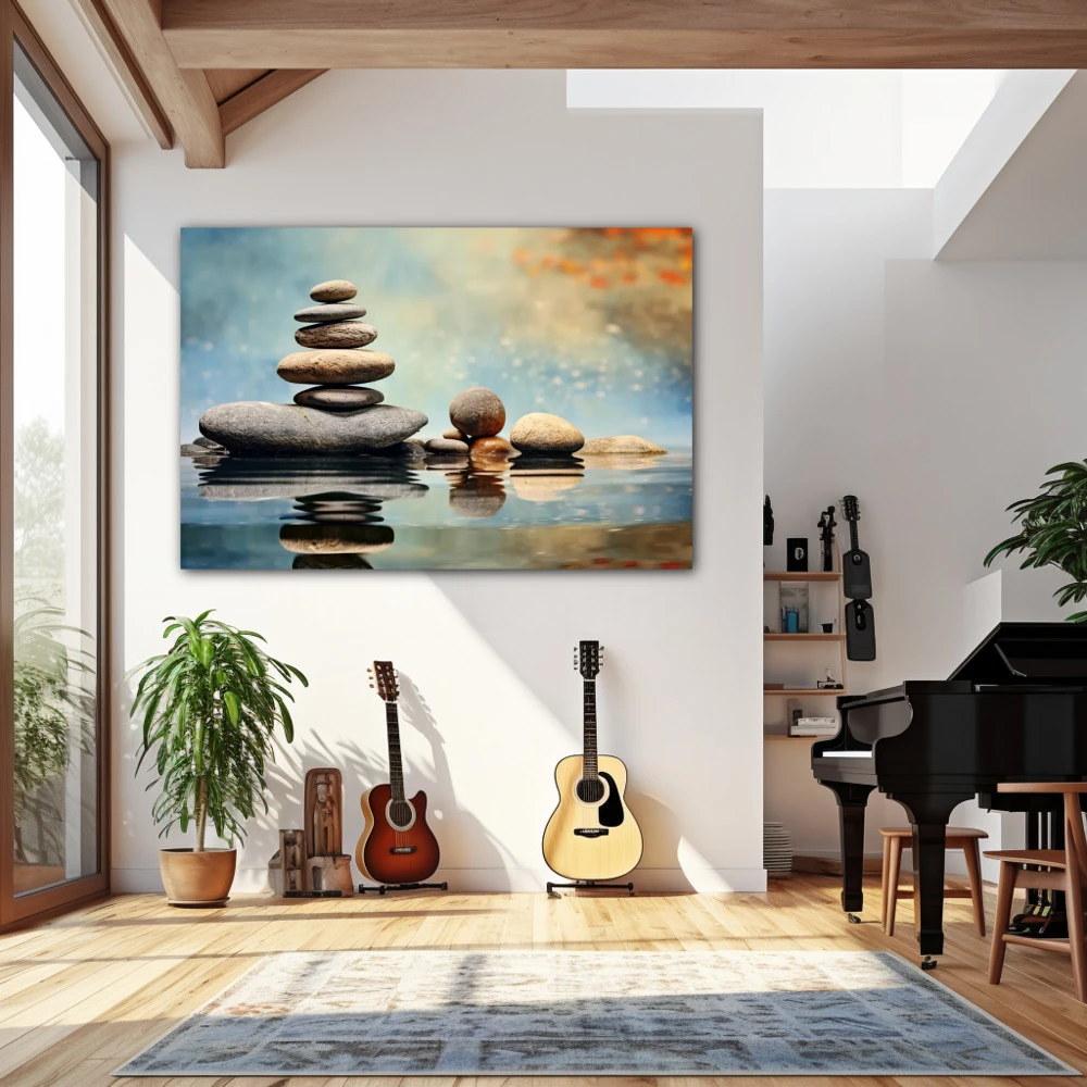 Wall Art titled: Balance of Patience in a Horizontal format with: Blue, Grey, and Brown Colors; Decoration the Living Room wall