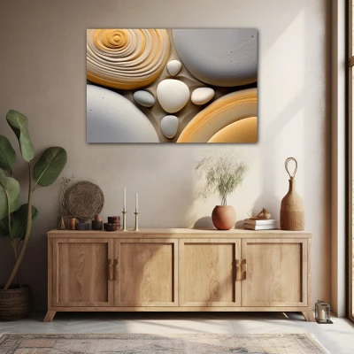 Wall Art titled: Mineral Symphony in a Horizontal format with: Yellow, white, and Grey Colors; Decoration the Sideboard wall