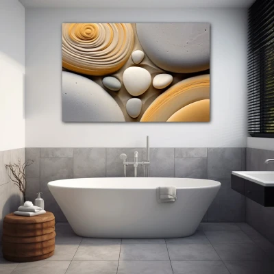 Wall Art titled: Mineral Symphony in a  format with: Yellow, white, and Grey Colors; Decoration the Bathroom wall