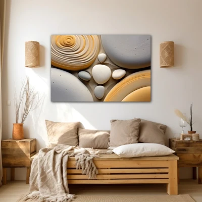 Wall Art titled: Mineral Symphony in a  format with: Yellow, white, and Grey Colors; Decoration the Beige Wall wall