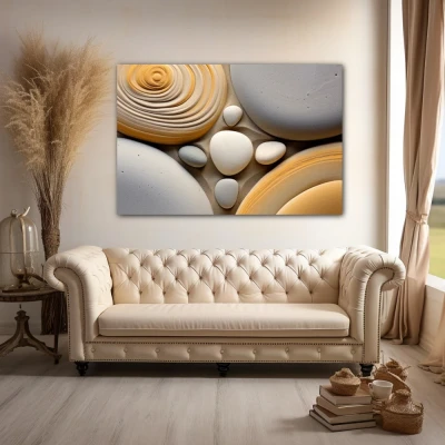 Wall Art titled: Mineral Symphony in a Horizontal format with: Yellow, white, and Grey Colors; Decoration the Above Couch wall