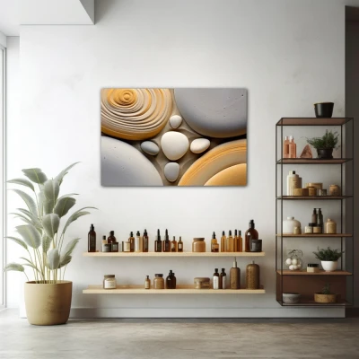 Wall Art titled: Mineral Symphony in a Horizontal format with: Yellow, white, and Grey Colors; Decoration the Pharmacy wall