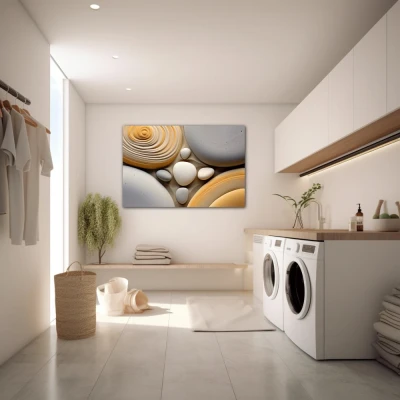 Wall Art titled: Mineral Symphony in a  format with: Yellow, white, and Grey Colors; Decoration the Laundry wall