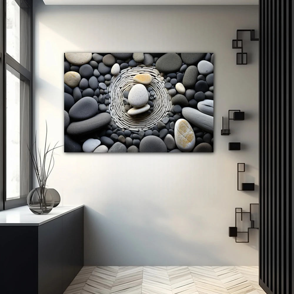 Cuadro geometría natural en formato horizontal con colores blanco, gris, monocromático; decorando pared gris