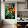 Cuadro Polígonos del Paraíso en formato vertical con colores Naranja, Verde, Vivos; Decorando pared de Cocina