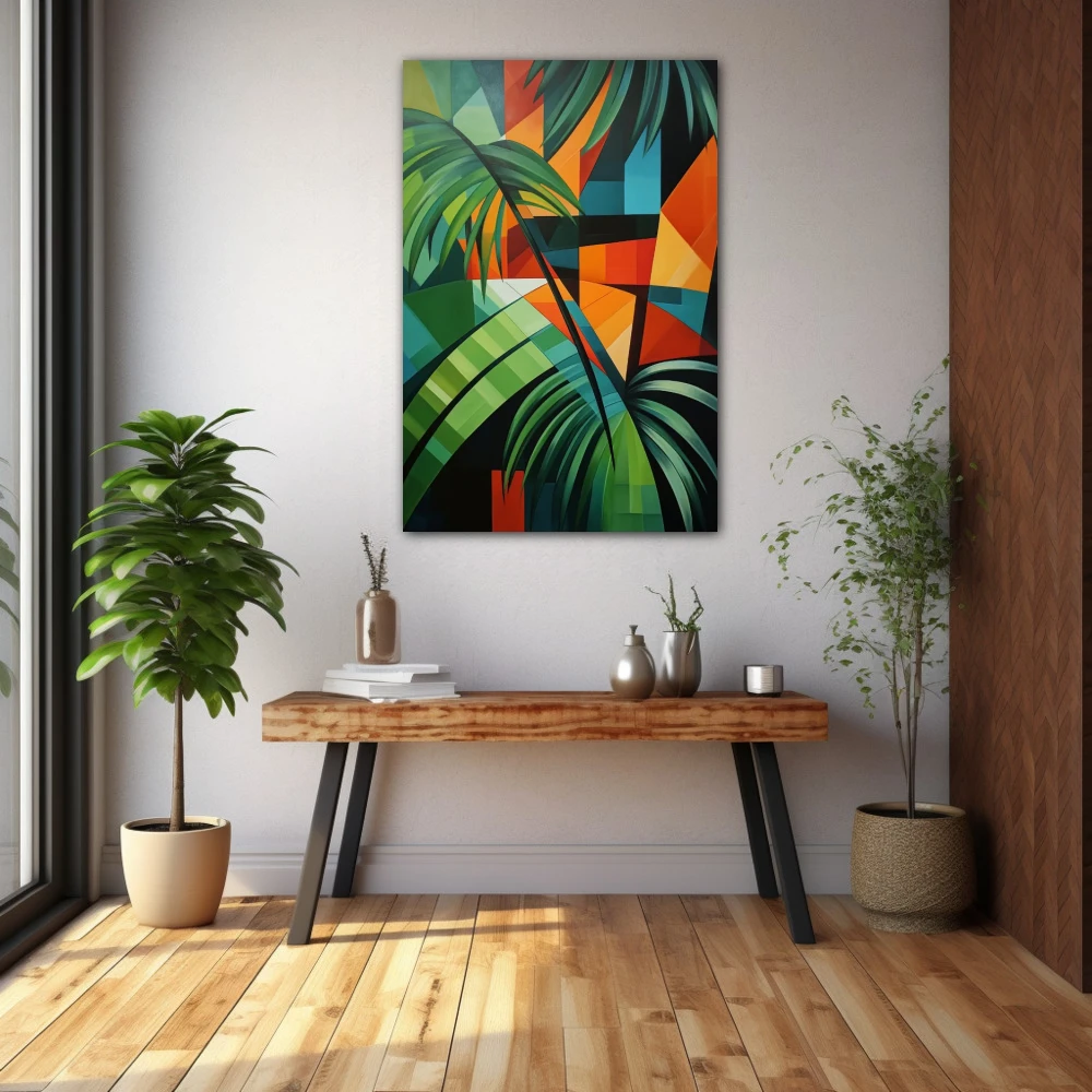 Wall Art titled: Polygons of Paradise in a Vertical format with: Orange, Green, and Vivid Colors; Decoration the Hallway wall
