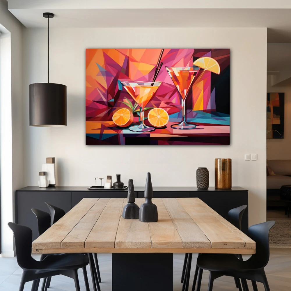 Wall Art titled: Geometry of Tropical Seduction in a Horizontal format with: Orange, and Pink Colors; Decoration the Living Room wall