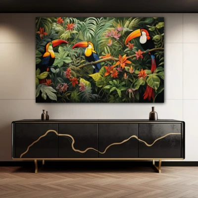 Wall Art titled: Silhouettes of Eden in a Horizontal format with: Orange, Green, and Vivid Colors; Decoration the Sideboard wall