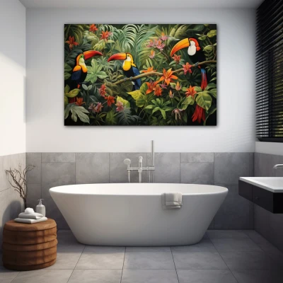 Wall Art titled: Silhouettes of Eden in a  format with: Orange, Green, and Vivid Colors; Decoration the Bathroom wall