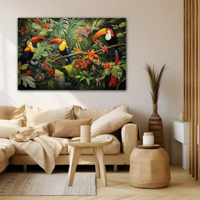 Wall Art titled: Silhouettes of Eden in a  format with: Orange, Green, and Vivid Colors; Decoration the Beige Wall wall