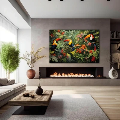 Wall Art titled: Silhouettes of Eden in a  format with: Orange, Green, and Vivid Colors; Decoration the Fireplace wall