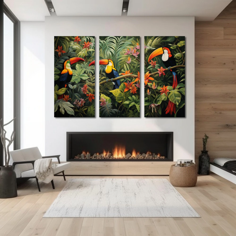 Wall Art titled: Silhouettes of Eden in a Horizontal format with: Orange, Green, and Vivid Colors; Decoration the Fireplace wall