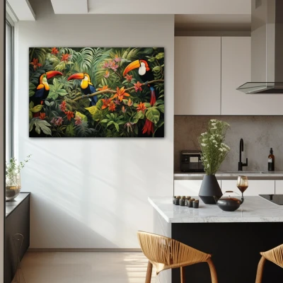 Wall Art titled: Silhouettes of Eden in a  format with: Orange, Green, and Vivid Colors; Decoration the Kitchen wall
