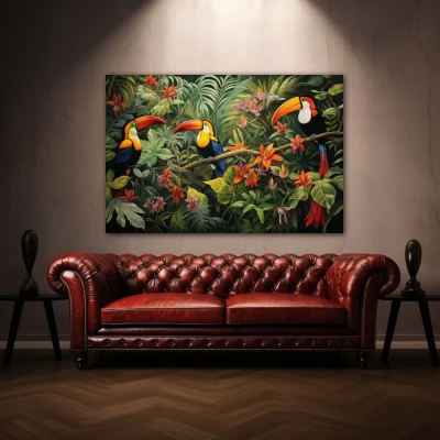 Wall Art titled: Silhouettes of Eden in a  format with: Orange, Green, and Vivid Colors; Decoration the Above Couch wall