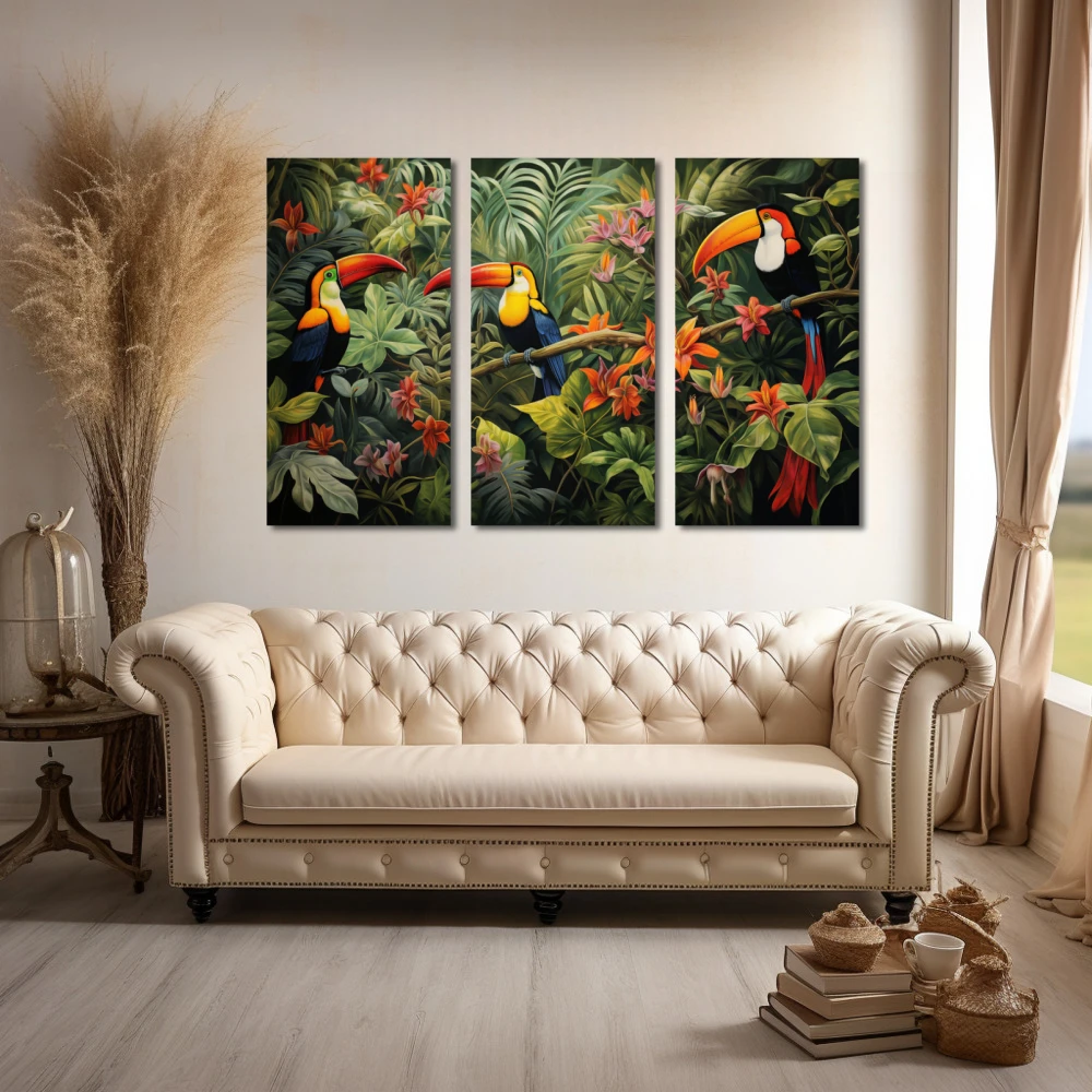 Wall Art titled: Silhouettes of Eden in a Horizontal format with: Orange, Green, and Vivid Colors; Decoration the Above Couch wall