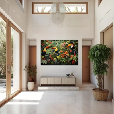 Wall Art titled: Silhouettes of Eden in a Horizontal format with: Orange, Green, and Vivid Colors; Decoration the Entryway wall