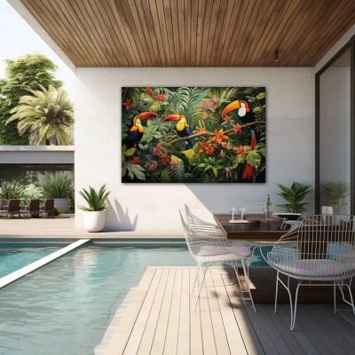 Wall Art titled: Silhouettes of Eden in a  format with: Orange, Green, and Vivid Colors; Decoration the Outdoor wall