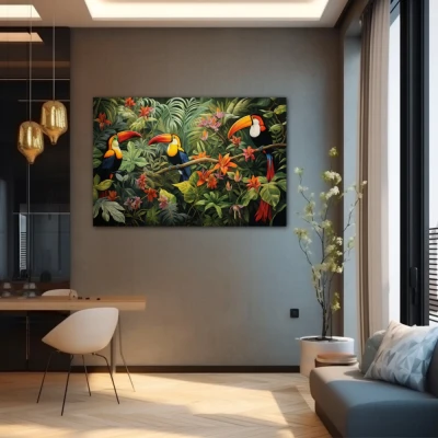 Wall Art titled: Silhouettes of Eden in a  format with: Orange, Green, and Vivid Colors; Decoration the Grey Walls wall