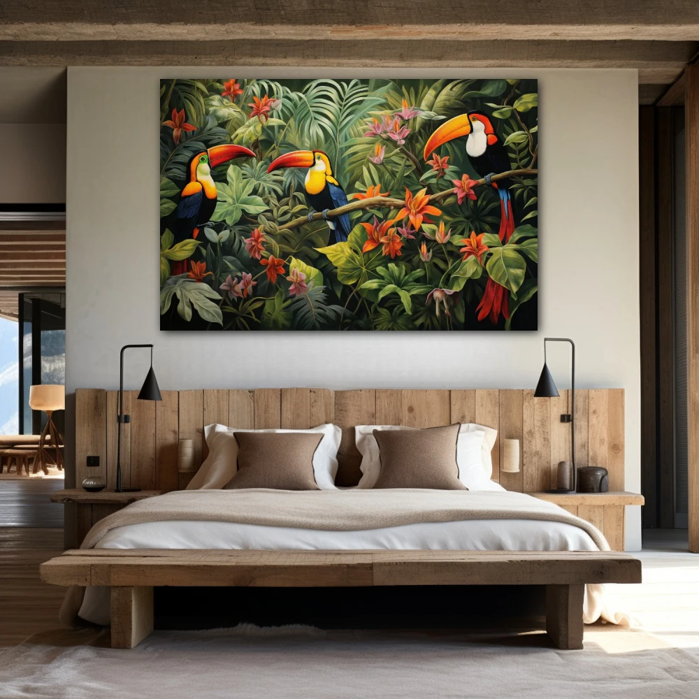 Wall Art titled: Silhouettes of Eden in a Horizontal format with: Orange, Green, and Vivid Colors; Decoration the Bedroom wall