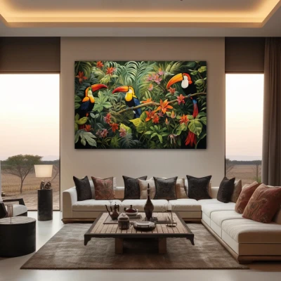 Wall Art titled: Silhouettes of Eden in a  format with: Orange, Green, and Vivid Colors; Decoration the Living Room wall