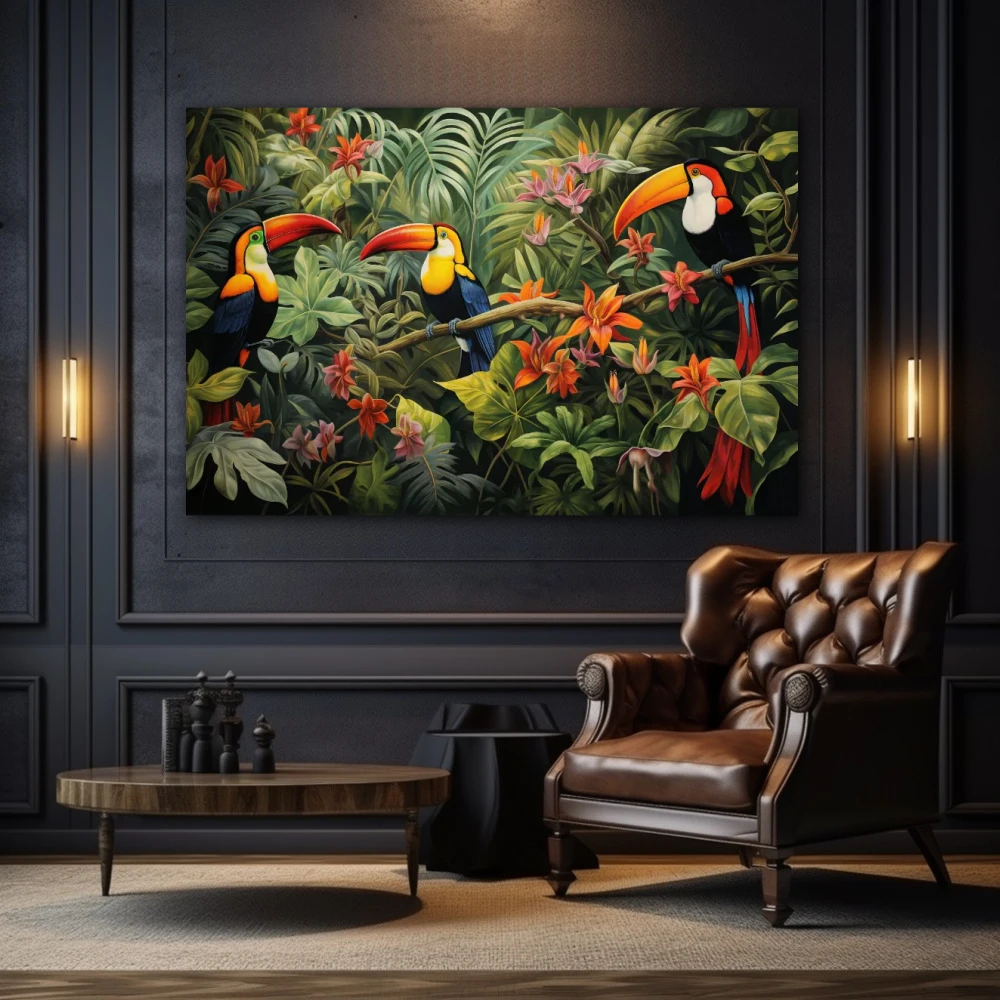 Wall Art titled: Silhouettes of Eden in a Horizontal format with: Orange, Green, and Vivid Colors; Decoration the Living Room wall
