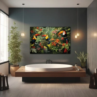 Wall Art titled: Silhouettes of Eden in a  format with: Orange, Green, and Vivid Colors; Decoration the Wellbeing wall