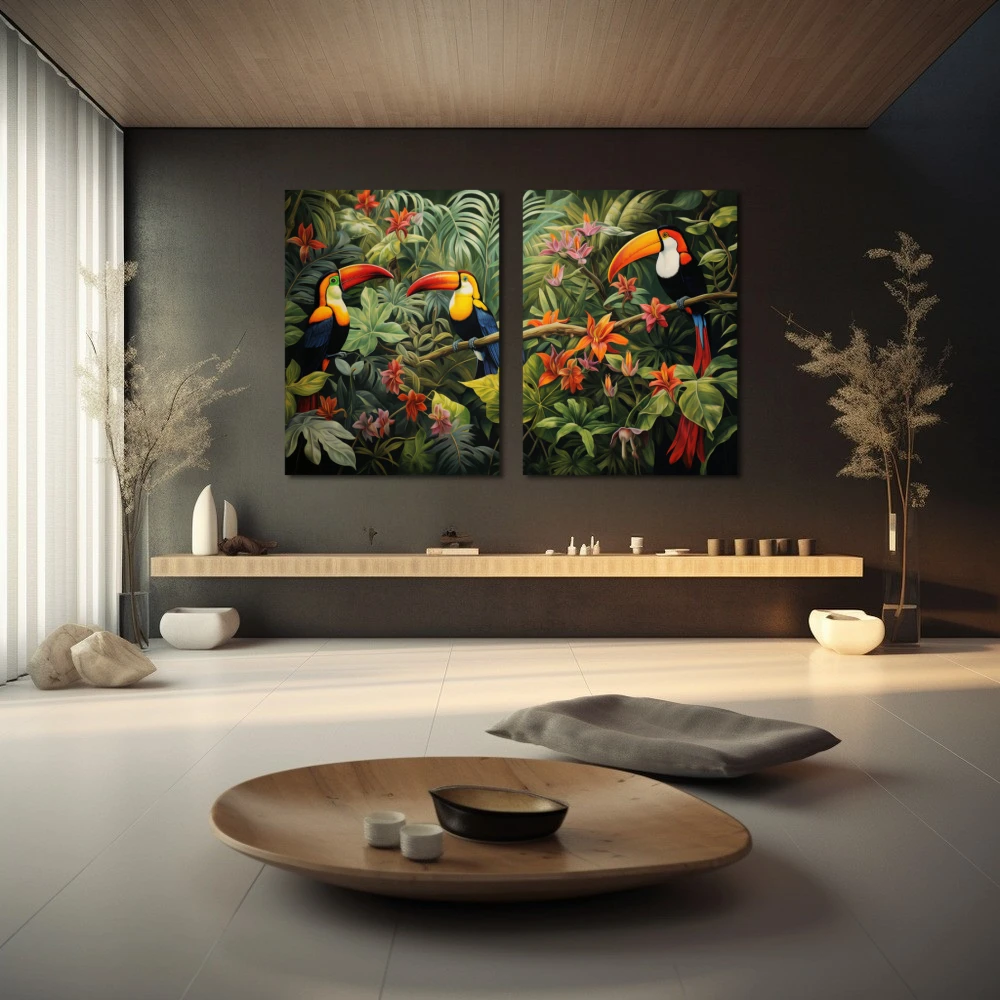 Wall Art titled: Silhouettes of Eden in a Horizontal format with: Orange, Green, and Vivid Colors; Decoration the Wellbeing wall
